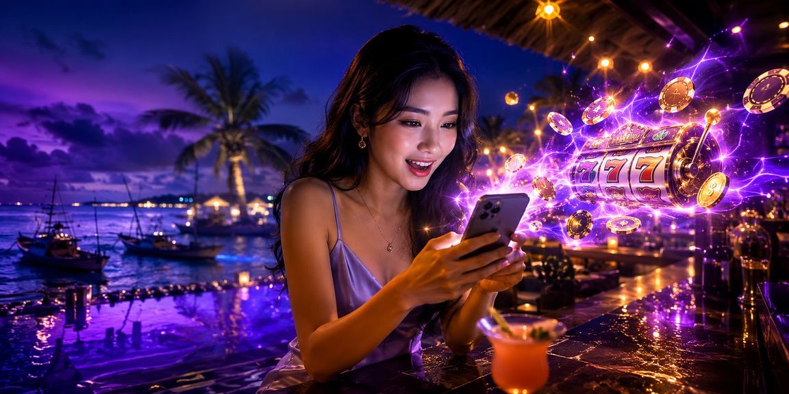 Người phụ nữ tại Mũi Né thưởng thức cà phê sáng và xem thông tin slot game trực tuyến trên điện thoại