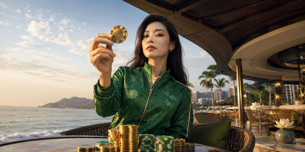 Người phụ nữ tại Vũng Tàu thưởng thức cà phê buổi sáng và xem thông tin xổ số trực tuyến trên điện thoại
